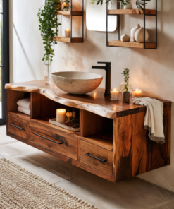 Live Edge Solid Wood Floating Bathroom Vanity with Drawers