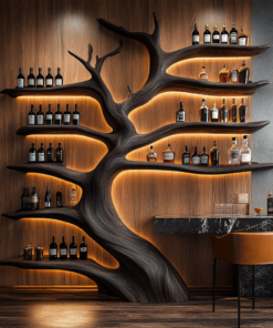 Solid Wood Tree Wine Rack with Integrated LED Backlit Branch Shelves