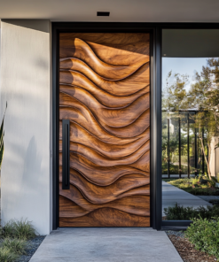 Wave-Carved Solid Wood Rectangular Single Entry Door