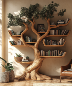 Solid Hardwood Tree Bookshelf with Carved Canopy and Root Base