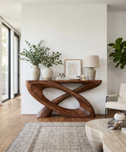Sculpted Solid Hardwood Console Table with Looped Pedestal Base