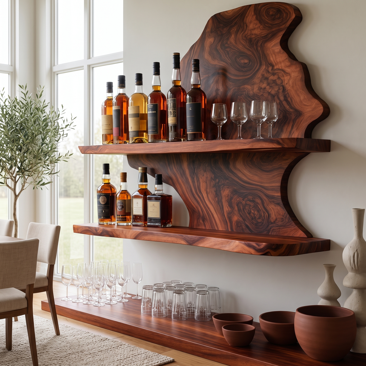 Live Edge Slab Floating Wine Shelf with Two Oversized Ledges - Image 4