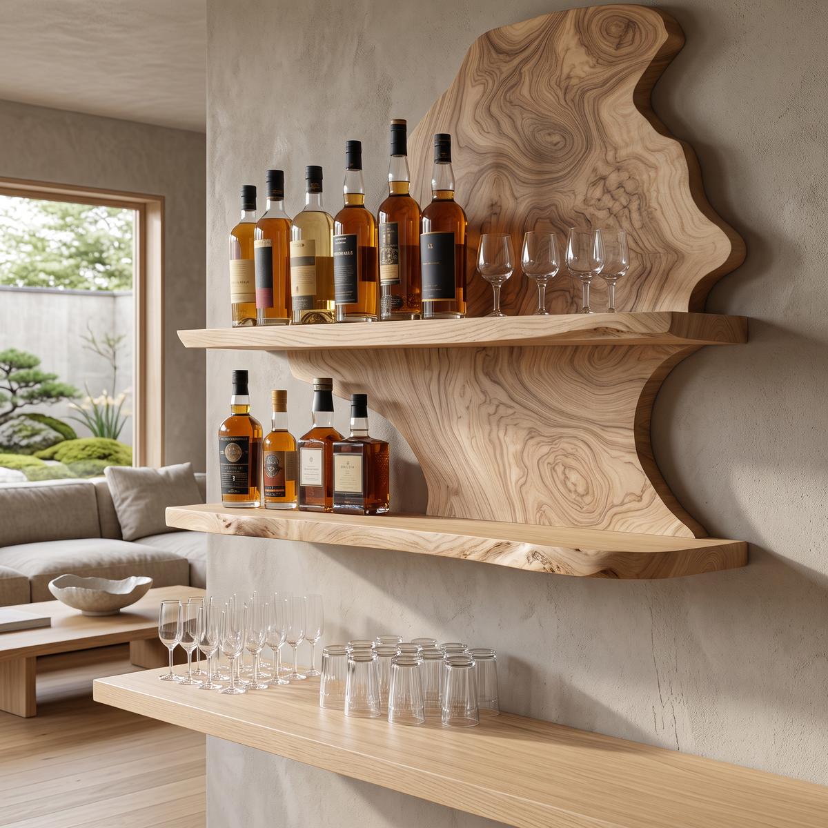 Live Edge Slab Floating Wine Shelf with Two Oversized Ledges - Image 2