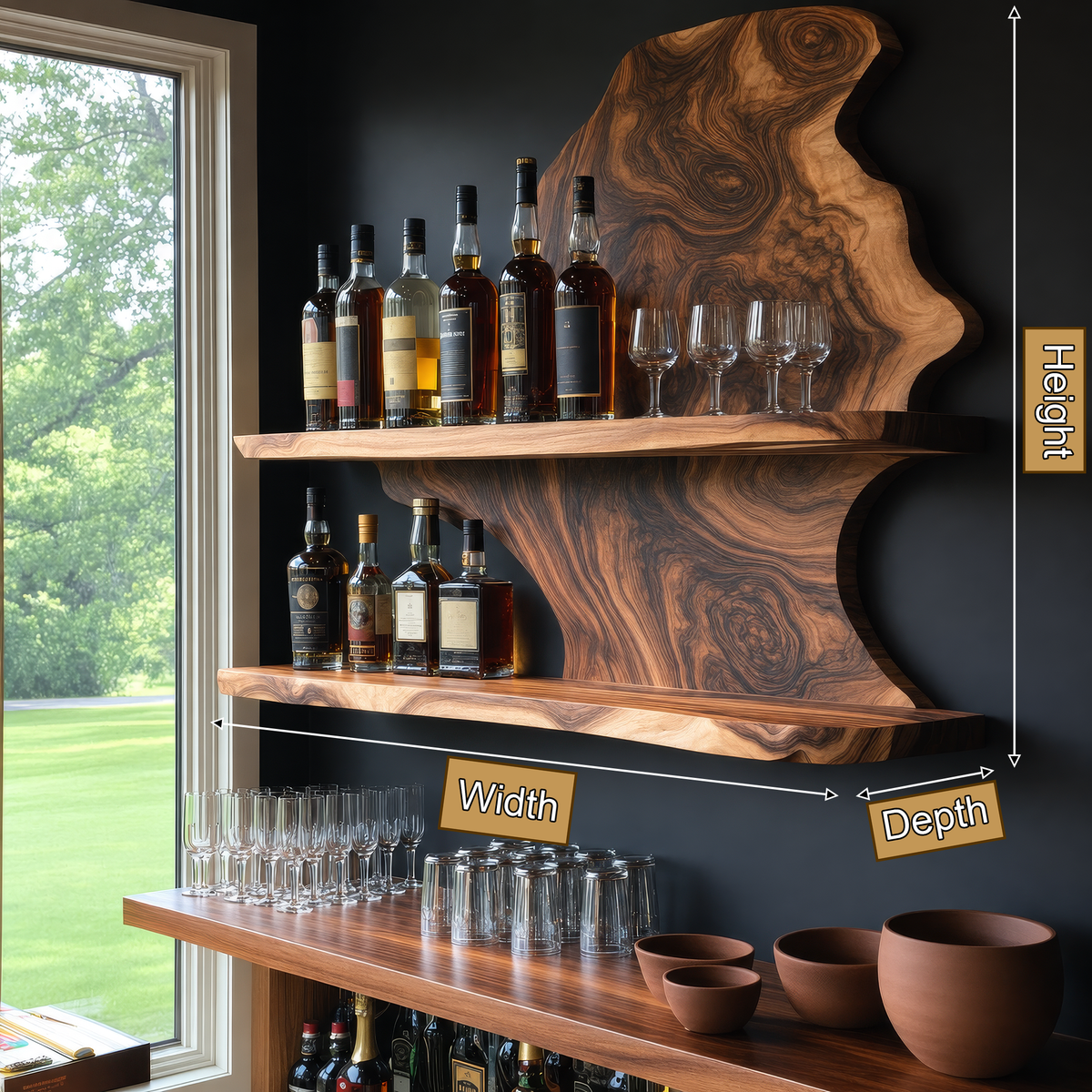 Live Edge Slab Floating Wine Shelf with Two Oversized Ledges - Image 8