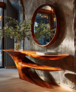 Cantilever Sculpted Solid Wood Console Table with Lower Shelf