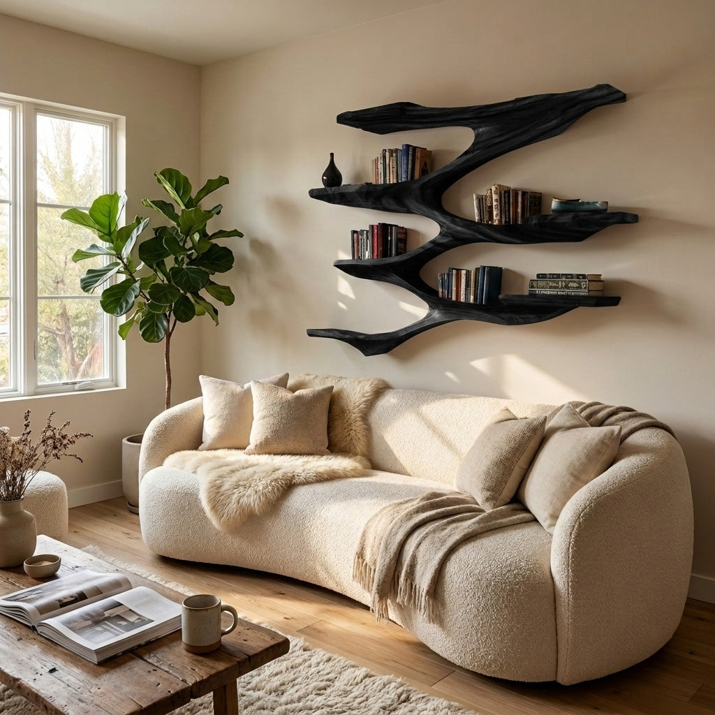 Mid-Century Solid Wood Wall Shelf with Sculptural Tiered Spine - Image 4