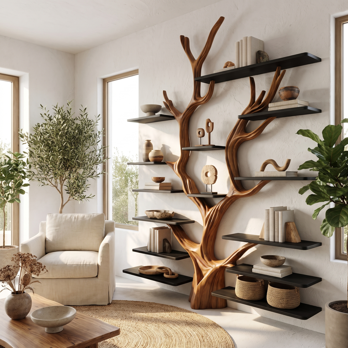Sculptural Tree-Inspired Wood Bookcase Wall Unit - Image 5