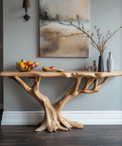 Handcrafted Live Edge Wood Console Table in Warm Brown