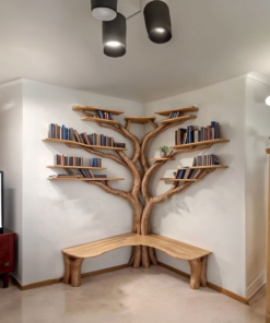 Alternative view of Tree Branch Floating Corner Bookshelf with Optional L-Shaped Bench
