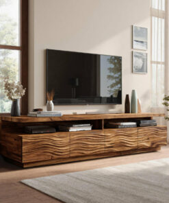 Alternative view of Solid Wood TV Stand with Wave Carved Storage Cabinets