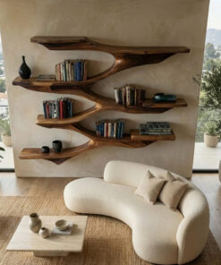 Alternative view of Mid-Century Solid Wood Wall Shelf with Sculptural Tiered Spine