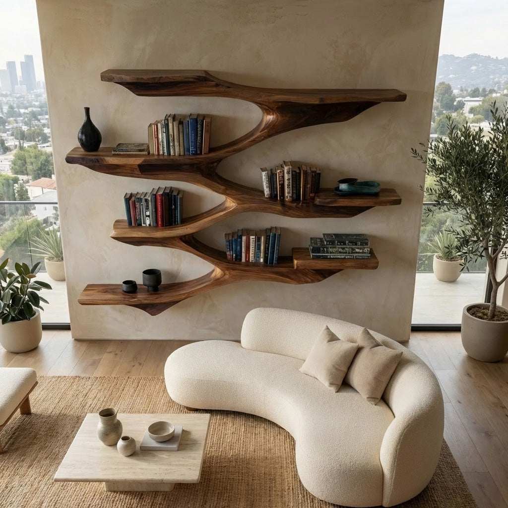 Mid-Century Solid Wood Wall Shelf with Sculptural Tiered Spine - Image 2