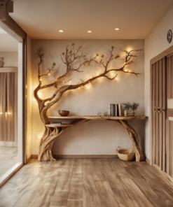Alternative view of Natural Solid Wood Console Side Table with Tree Bookshelf