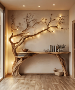 Natural Solid Wood Console Side Table with Tree Bookshelf