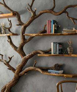 Alternative view of Dark Brown Carved Solid Wood Tree Bookshelf for Living Room