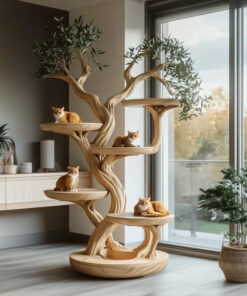 Rustic Solid Wood Cat Tree with Natural Branch Design