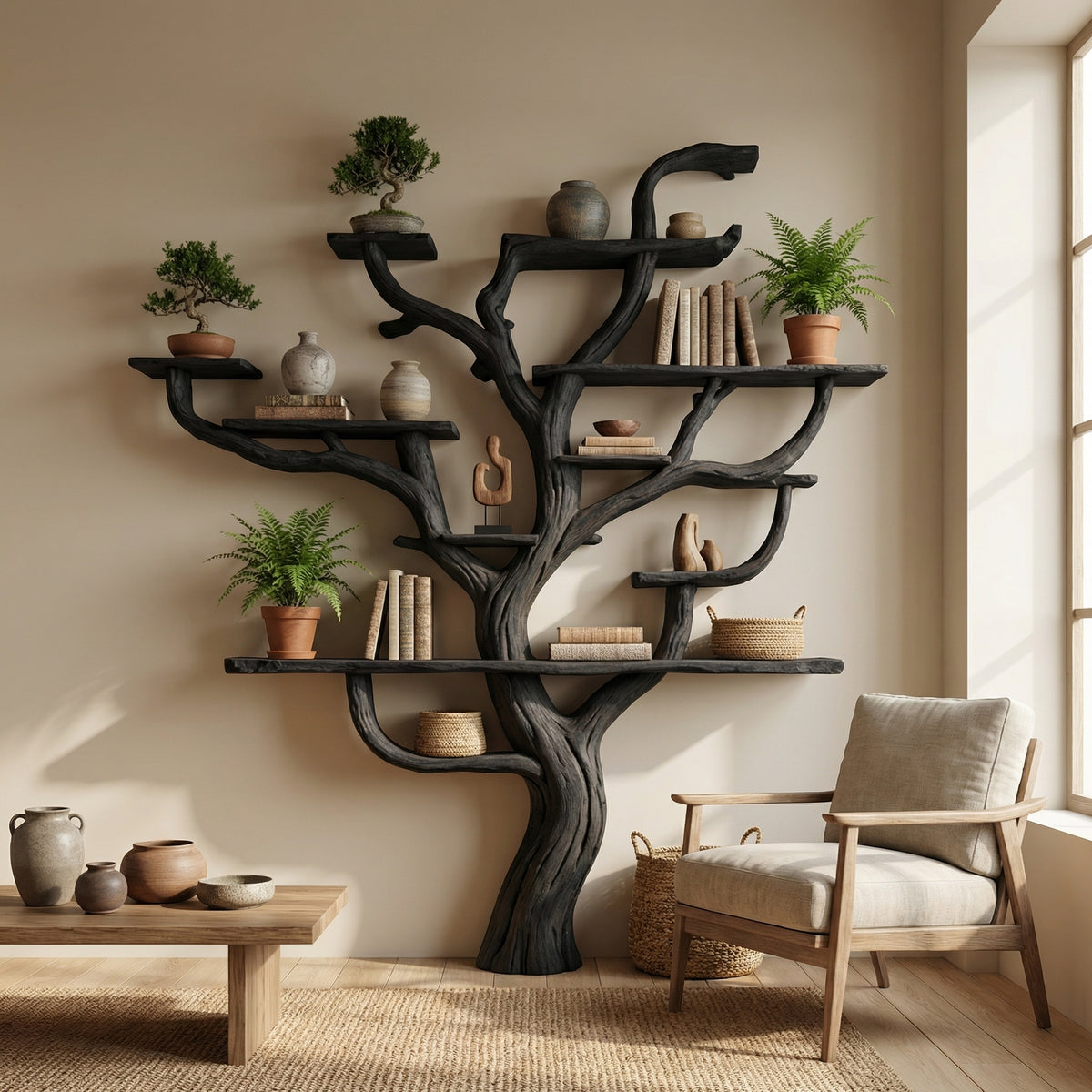 Wall Mounted Tree Branch Corner Bookshelf in Natural Wood - Image 4
