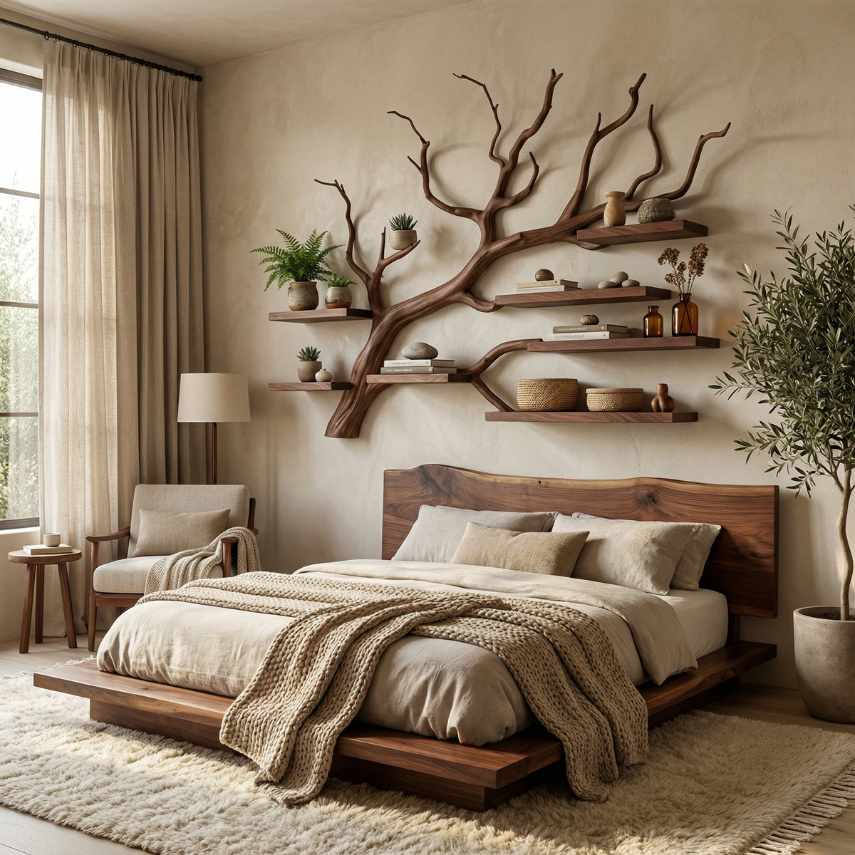 Rustic Tree Branch Floating Wall Shelf for Office or Reading Corner - Image 4