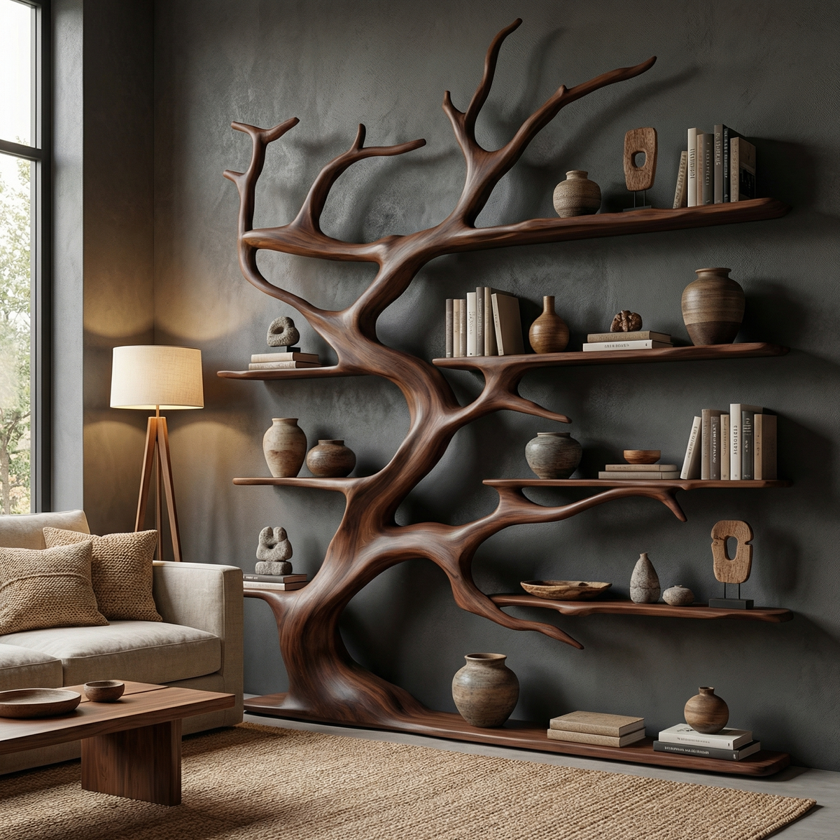 Rustic Tree Branch Bookshelf for Living Room Display - Image 4