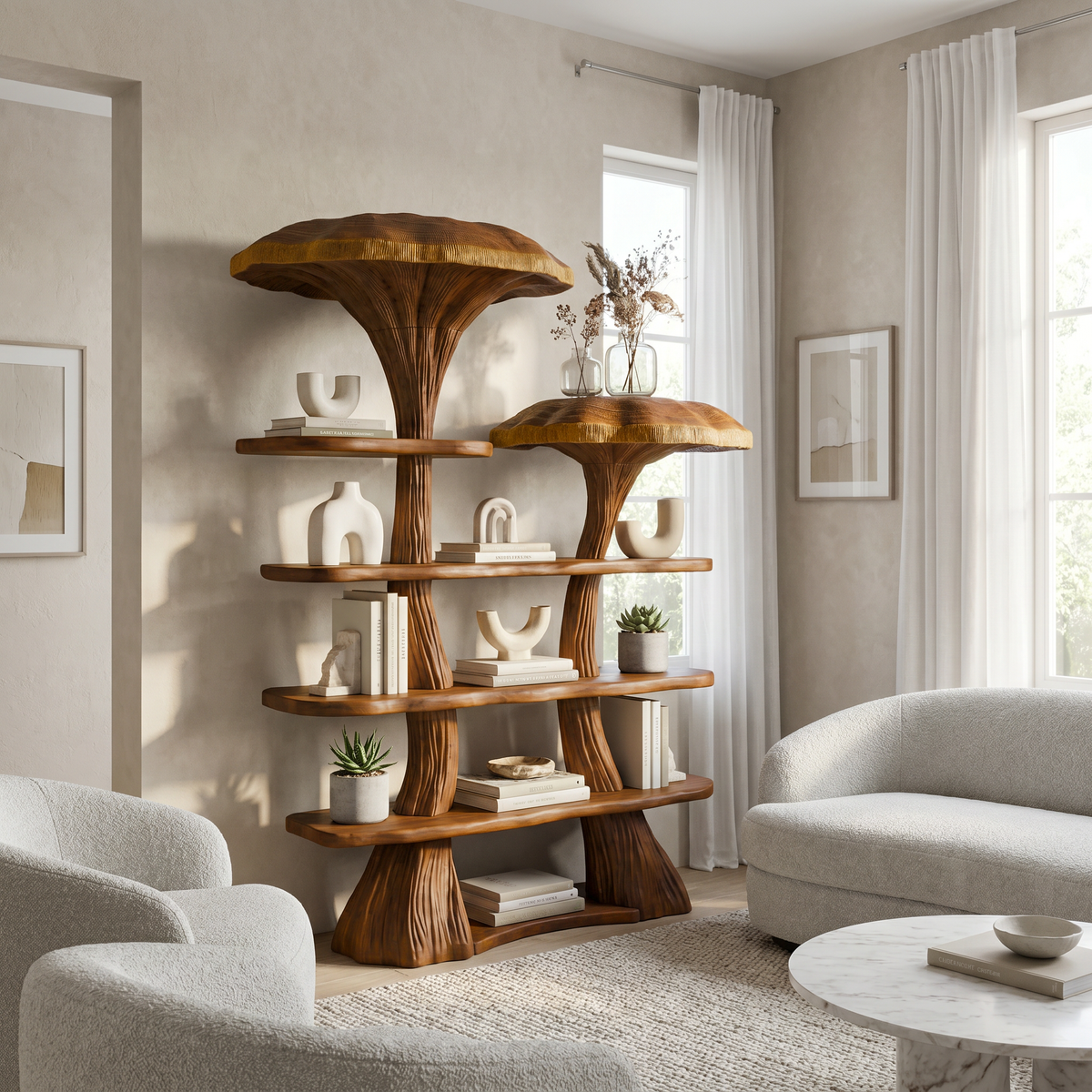 Mushroom Tree Branch Floating Bookshelf in Natural Wood - Image 6