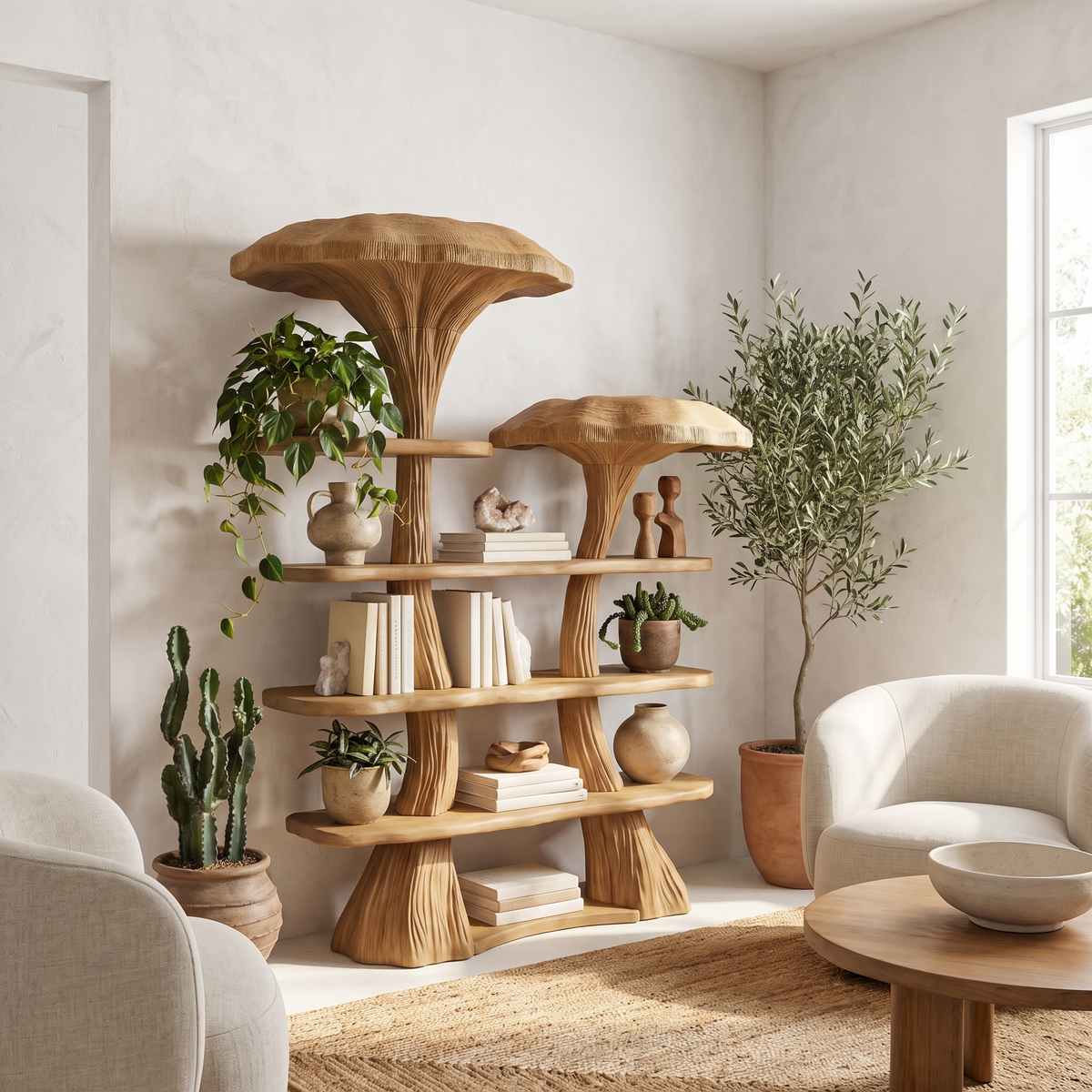 Mushroom Tree Branch Floating Bookshelf in Natural Wood - Image 5