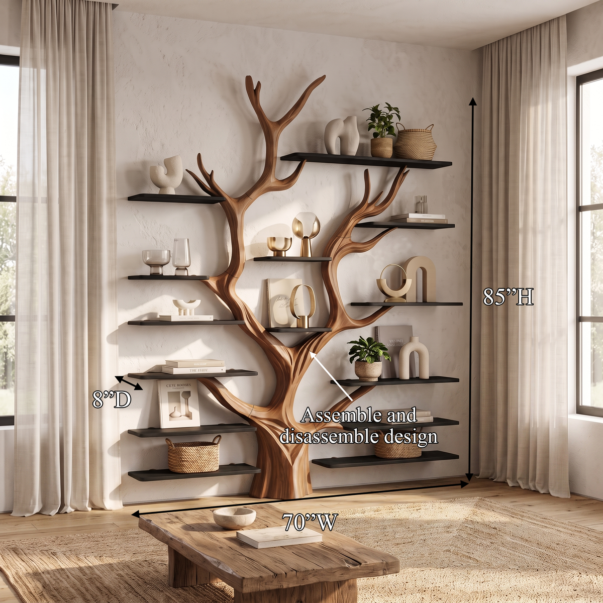 Sculptural Tree-Inspired Wood Bookcase Wall Unit - Image 7
