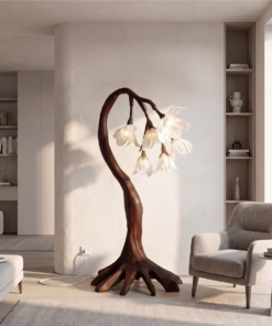 Flower Petal Floor Lamp with Sculptural Solid Wood Branch Base