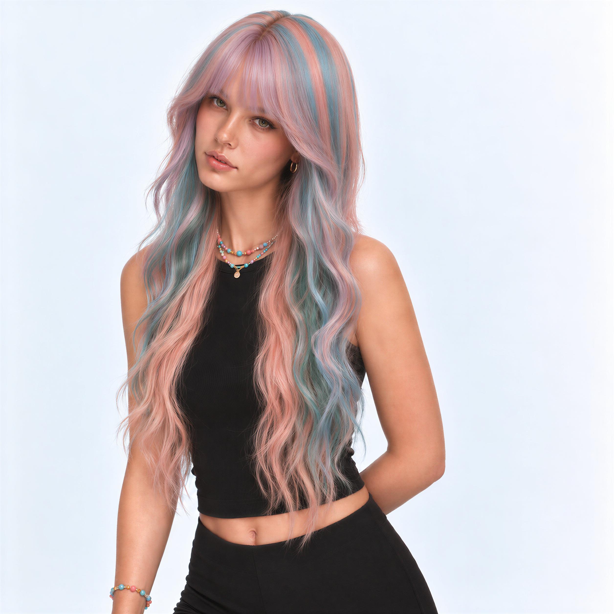 Pastel Rainbow Wavy Wig With Bangs BE61