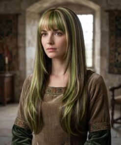 Olive Green Blonde Highlight Wig With Bangs BE66