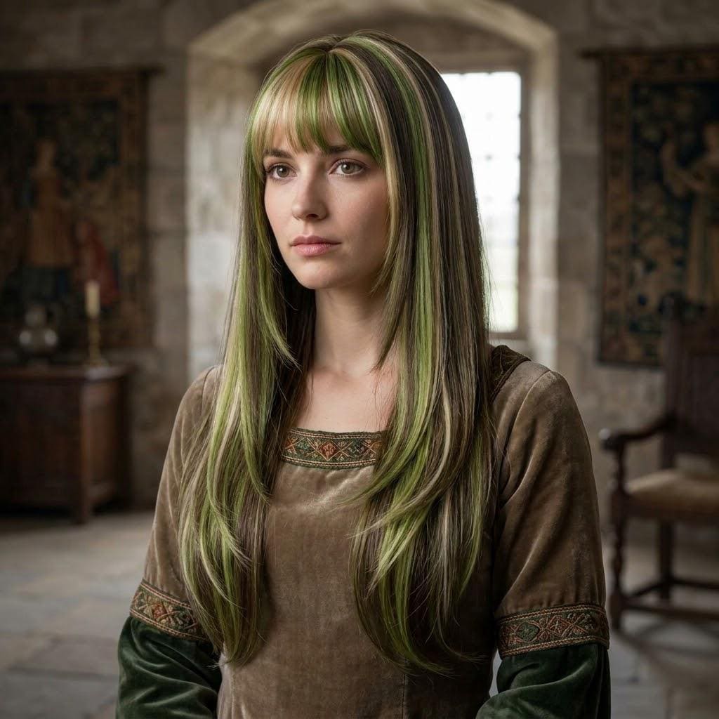 Olive Green Blonde Highlight Wig With Bangs BE66