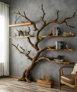 Dark Brown Carved Solid Wood Tree Bookshelf for Living Room