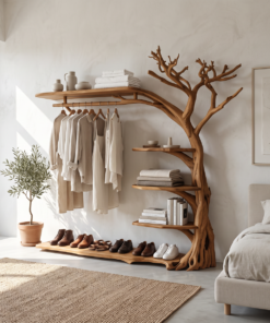 Rustic Tree Branch Coat Rack with Shoe Shelf and Live Edge