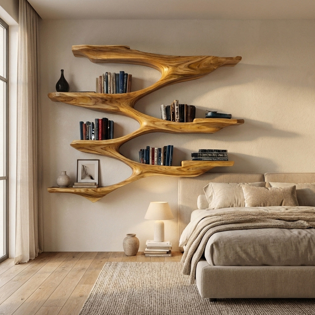 Mid-Century Solid Wood Wall Shelf with Sculptural Tiered Spine - Image 5