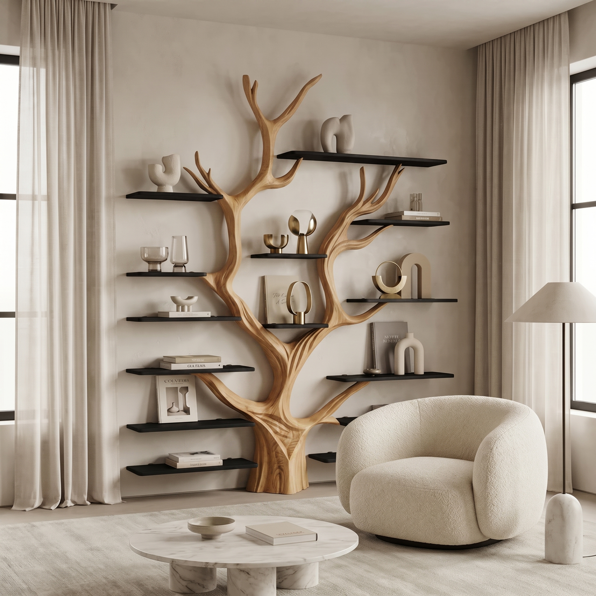 Sculptural Tree-Inspired Wood Bookcase Wall Unit - Image 4