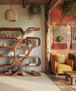 Wall-Mounted Live Edge Bookshelf with Radiating Plank Shelves