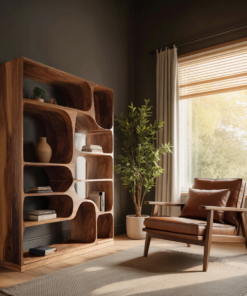 Alternative view of Sculptural Solid Wood Bookcase with Curved Asymmetric Compartments