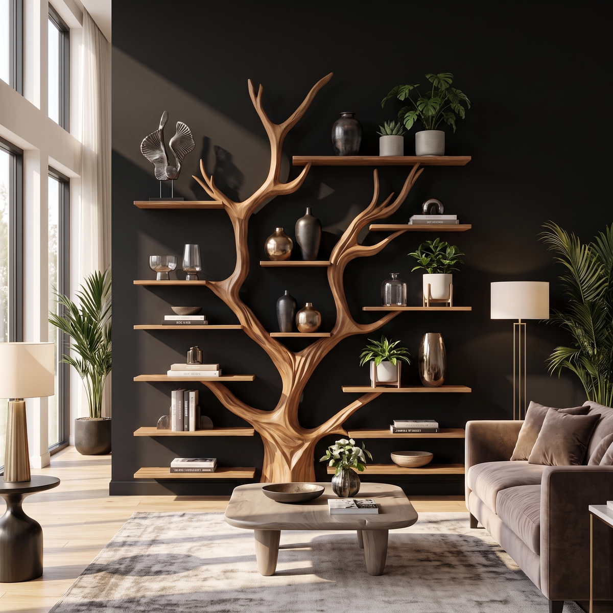 Sculptural Tree-Inspired Wood Bookcase Wall Unit - Image 2
