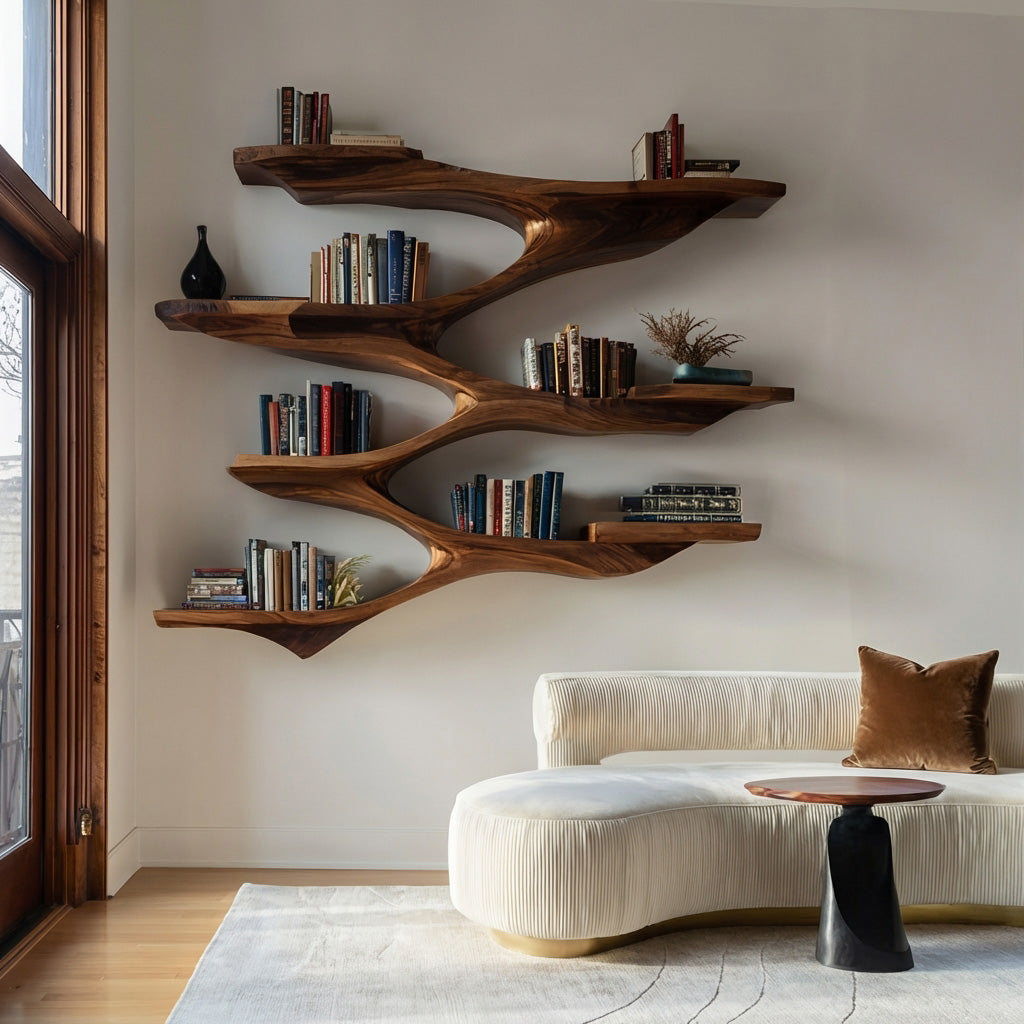 Mid-Century Solid Wood Wall Shelf with Sculptural Tiered Spine - Image 6