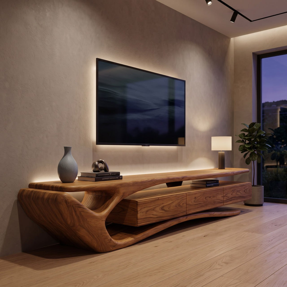 Sculptural Solid Wood TV Stand with Storage Drawers - Image 3