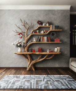Alternative view of Narrow Floating Live Edge Console Table with Tree Branch Bookshelf