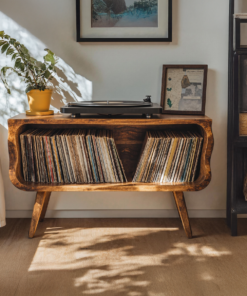 Rustic Natural Wood Record Player Stand in Minimalist Style