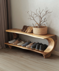 Narrow Solid Wood Entryway Shoe Rack Bench with Live Edge