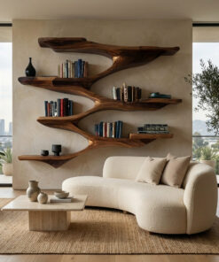 Mid-Century Solid Wood Wall Shelf with Sculptural Tiered Spine