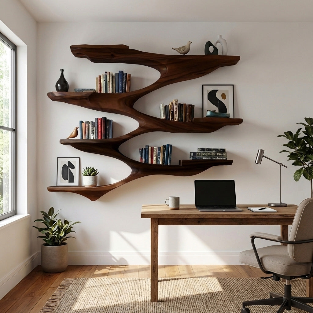 Mid-Century Solid Wood Wall Shelf with Sculptural Tiered Spine - Image 7