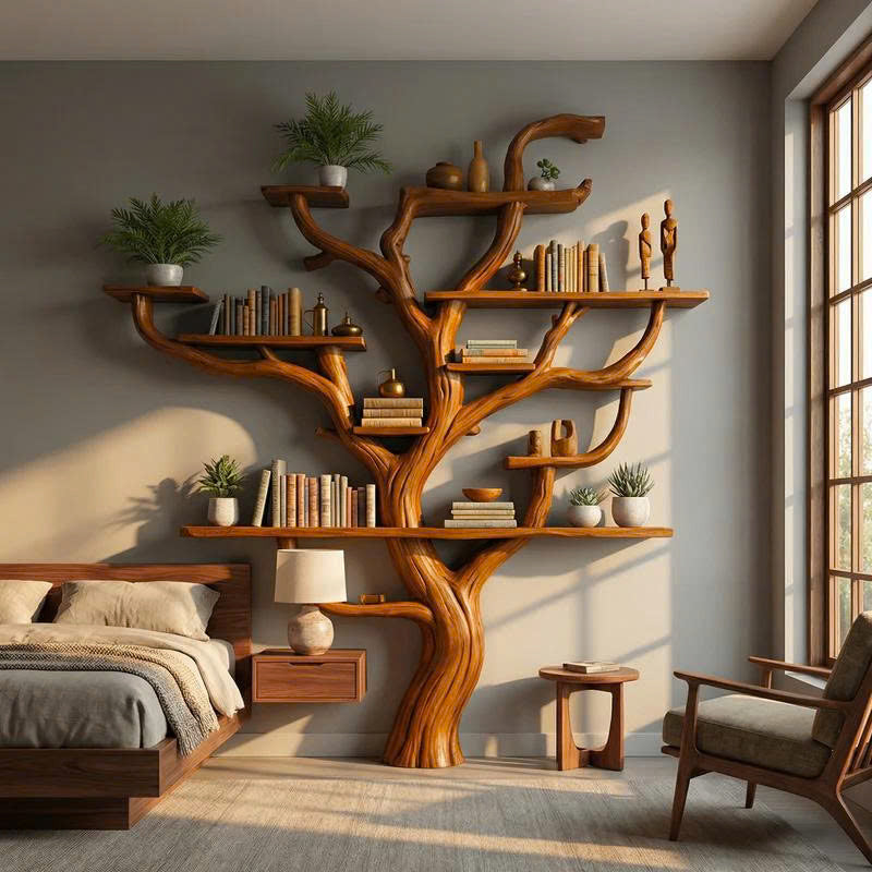 Wall Mounted Tree Branch Corner Bookshelf in Natural Wood - Image 6