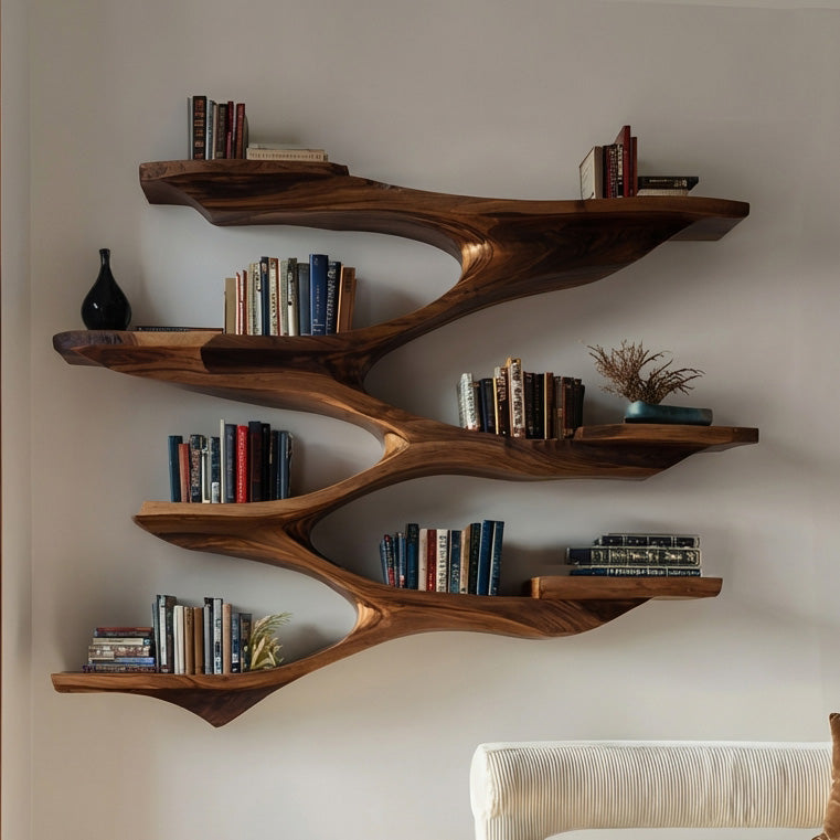 Mid-Century Solid Wood Wall Shelf with Sculptural Tiered Spine - Image 3